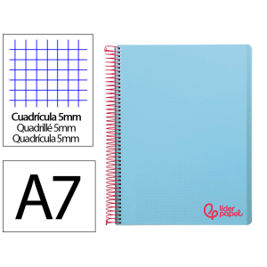 Cuaderno espiral liderpapel a7 micro wonder tapa plastico 100h 90gr cuadro 5mm 4 bandas color celeste