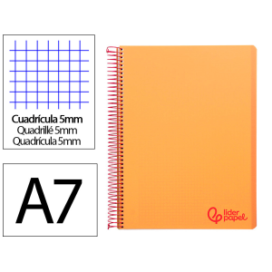 Cuaderno espiral liderpapel a7 micro wonder tapa plastico 100h 90gr cuadro 5mm 4 bandas color naranja