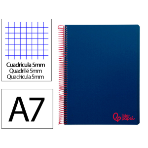 Cuaderno espiral liderpapel a7 micro wonder tapa plastico 100h 90gr cuadro 5mm 4 bandas color azul marino