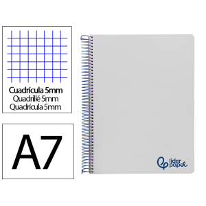 Cuaderno espiral liderpapel a7 micro wonder tapa plastico 100h 90gr cuadro 5mm 4 bandas color gris