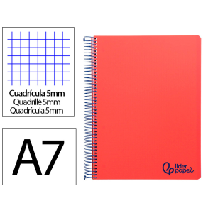Cuaderno espiral liderpapel a7 micro wonder tapa plastico 100h 90gr cuadro 5mm 4 bandas color rojo