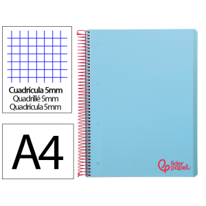 Cuaderno espiral liderpapel a4 micro wonder tapa plastico 120h 90gr cuadro 5mm 5 banda 4 taladros color celeste
