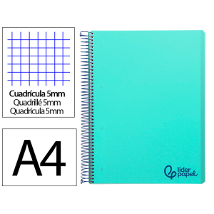Cuaderno espiral liderpapel a4 micro wonder tapa plastico 120h 90gr cuadro 5mm 5 banda 4 taladro color verde turquesa