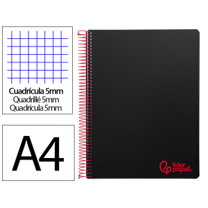 Cuaderno espiral liderpapel a4 micro wonder tapa plastico 120h 90 gr cuadro 5mm 5 bandas 4 taladros color negro