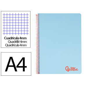Cuaderno espiral liderpapel a4 wonder tapa plastico 80h 90gr cuadro 4mm con margen color azul