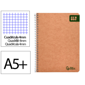 Cuaderno espiral liderpapel a5 ecouse tapa cartulina kraft 80h papel reciclado 80gr cuadro 4mm