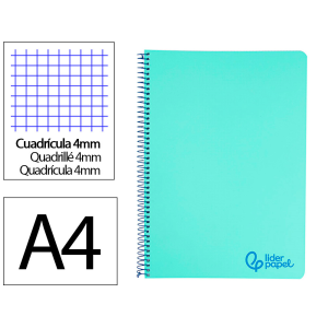 Cuaderno espiral liderpapel a4 wonder tapa plastico 80h 90gr cuadro 4mm con margen color verde pastel