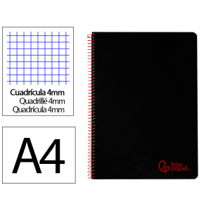Cuaderno espiral liderpapel a4 wonder tapa plastico 80h 90gr cuadro 4mm con margen color negro