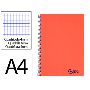 Cuaderno espiral liderpapel a4 wonder tapa plastico 80h 90gr cuadro 4mm con margen color rojo