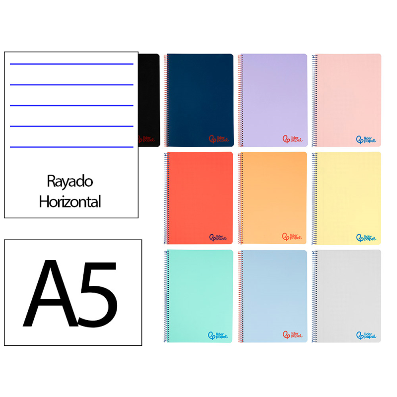 Cuaderno espiral liderpapel a5 wonder tapa plastico 80h 90gr rayado horizontal con margen colores surtidos