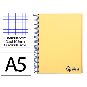Cuaderno espiral liderpapel a5 micro wonder tapa plastico 120h 90gr cuadro 5mm 5 bandas 6 taladros color amarillo