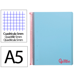 Cuaderno espiral liderpapel a5 micro wonder tapa plastico 120h 90gr cuadro 5mm 5 bandas 6 taladros color celeste