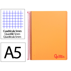Cuaderno espiral liderpapel a5 micro wonder tapa plastico 120h 90gr cuadro 5mm 5 bandas 6 taladros color naranja