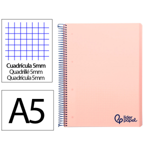 Cuaderno espiral liderpapel a5 micro wonder tapa plastico 120h 90gr cuadro 5mm 5 bandas 6 taladros color rosa