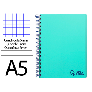 Cuaderno espiral liderpapel a5 micro wonder tapa plastico 120h 90gr cuadro 5mm 5 bandas 6 taladro color verde turquesa