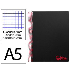 Cuaderno espiral liderpapel a5 micro wonder tapa plastico 120h 90gr cuadro 5mm 5 bandas 6 taladros color negro