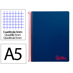 Cuaderno espiral liderpapel a5 micro wonder tapa plastico 120h 90gr cuadro 5mm 5 bandas 6 taladros color azul marino