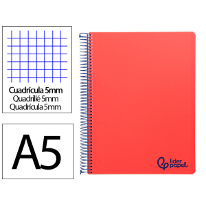 Cuaderno espiral liderpapel a5 micro wonder tapa plastico 120h 90gr cuadro 5mm 5 bandas 6 taladros color rojo