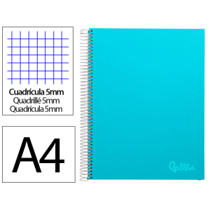 Cuaderno espiral liderpapel a4 micro jolly tapa forrada 140h 75gr cuadro 5mm 5 bandas 4 taladros color celeste