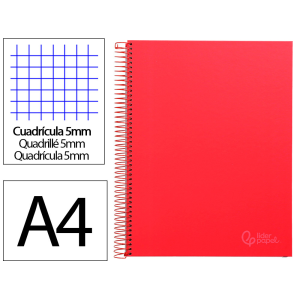 Cuaderno espiral liderpapel a4 micro jolly tapa forrada 140h 75gr cuadro 5mm 5 bandas 4 taladros color rojo