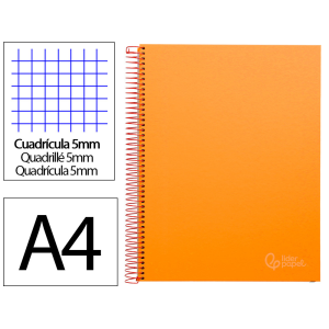 Cuaderno espiral liderpapel a4 micro jolly tapa forrada 140h 75gr cuadro 5mm 5 bandas 4 taladros color naranja