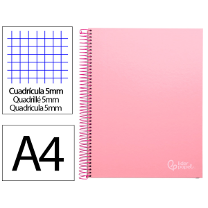 Cuaderno espiral liderpapel a4 micro jolly tapa forrada 140h 75gr cuadro 5mm 5 bandas 4 taladros color rosa
