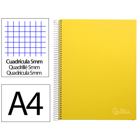 Cuaderno espiral liderpapel a4 micro jolly tapa forrada 140h 75gr cuadro 5mm 5 bandas 4 taladros color amarillo
