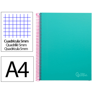 Cuaderno espiral liderpapel a4 micro jolly tapa forrada 140h 75gr cuadro 5mm 5 bandas 4 taladros color turquesa