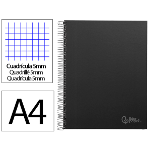 Cuaderno espiral liderpapel a4 micro jolly tapa forrada 140h 75gr cuadro 5mm 5 bandas 4 taladros color negro