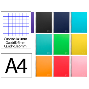 Cuaderno espiral liderpapel a4 micro jolly tapa forrada 140h 75gr cuadro 5mm 5 bandas 4 taladros colores surtidos