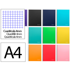 Cuaderno espiral liderpapel a4 micro jolly tapa forrada 140h 75gr cuadro 4mm 5 bandas 4 taladros colores surtidos
