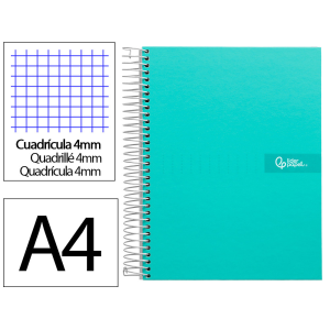 Cuaderno espiral liderpapel a4 crafty tapa forrada 80h 90gr cuadro 4mm con margen color turquesa