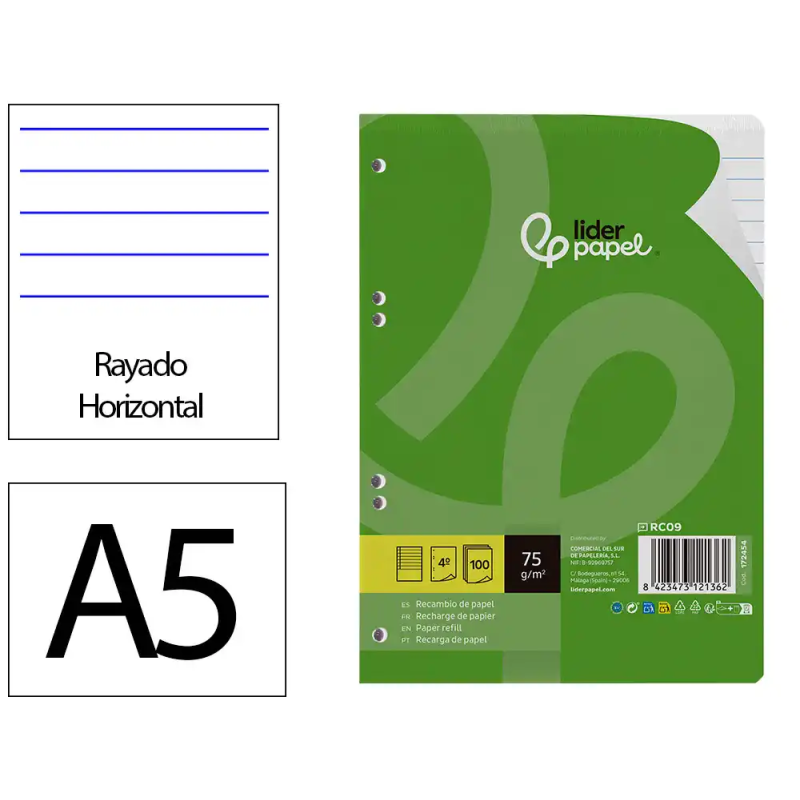 Recambio liderpapel din a5 100 hojas 75 gr horizontal con margen 6 taladros