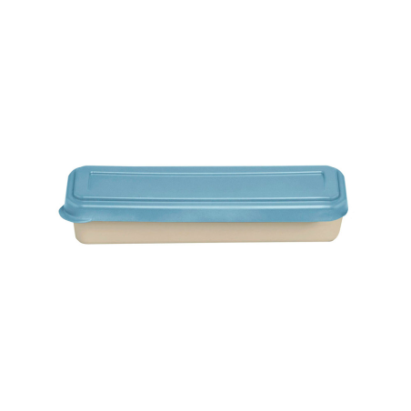 Fiambrera exacompta color beig con tapa color azul incluye 3 cubiertos reutilizables 205x65x40 mm
