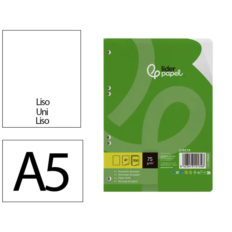 Recambio liderpapel din a5 100 hojas 75 gr liso sin margen 6 taladros