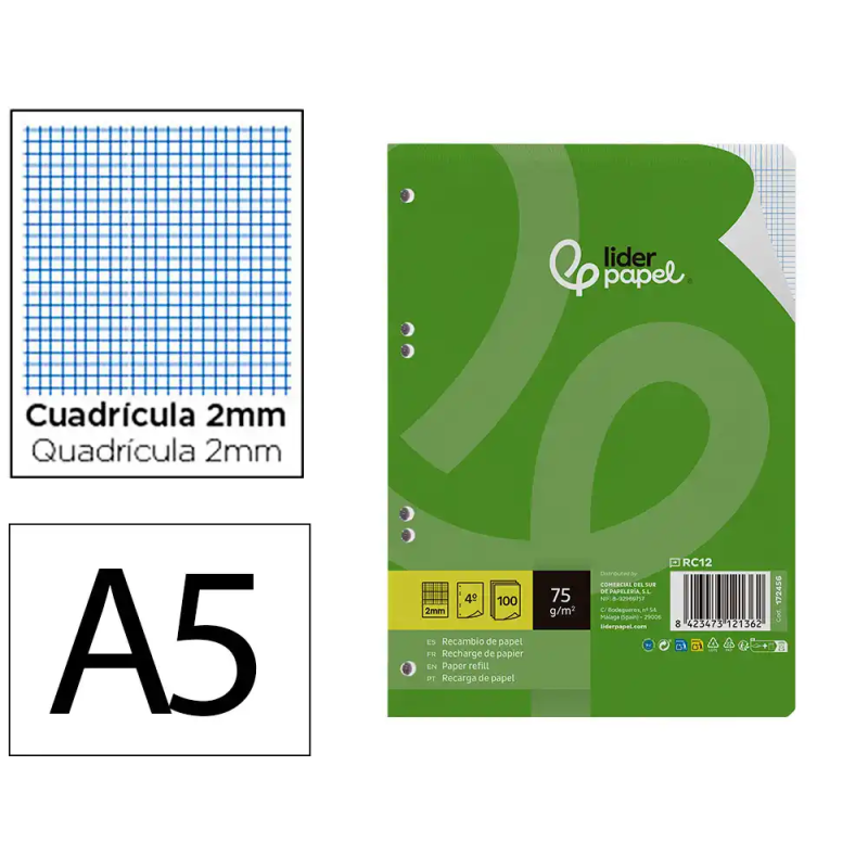 Recambio liderpapel din a5 100 hojas 75 gr milimetrado sin margen 6 taladros