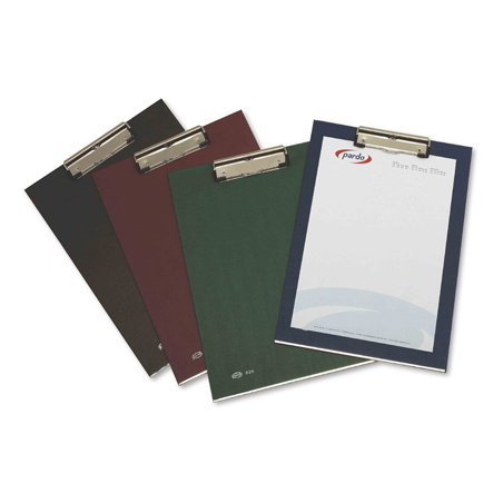 Portanotas pardo carton forrado pvc folio con pinza metalica azul