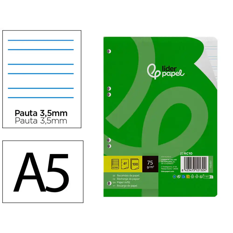 Recambio liderpapel din a5 100 hojas 75 gr pauta 4 3.5mm con margen 6 taladros