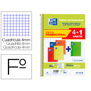 Cuaderno espiral oxford tapa extradura folio 80 hojas cuadro 4 mm con pizarra blancapack 4+1 colores clasicos