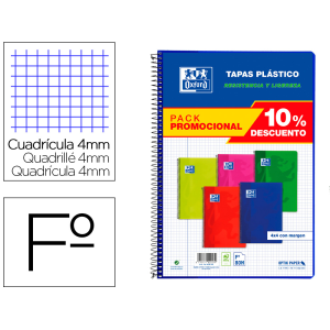 Cuaderno espiral oxford tapa plastico folio 80 hojas cuadro 4 mm pack 5 unidades colores vivos
