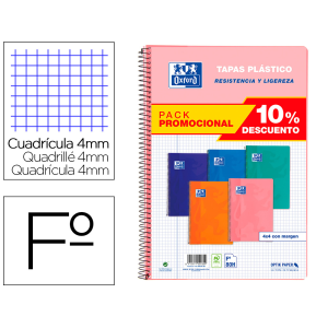 Cuaderno espiral oxford tapa plastico folio 80 hojas cuadro 4 mm pack 5 unidades colores tendecias