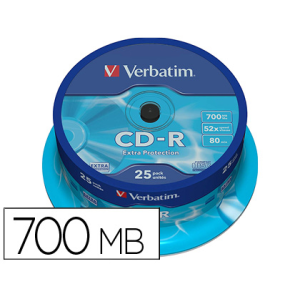 Cd-r verbatim capacidad 700mb velocidad 52x 80 min tarrina de 25 unidades