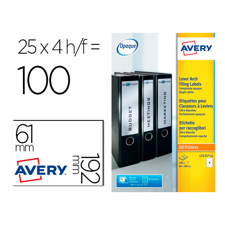 Etiqueta adhesiva avery permanente blanca 61x192 mm para lomo archivador laser caja de 100 unidades