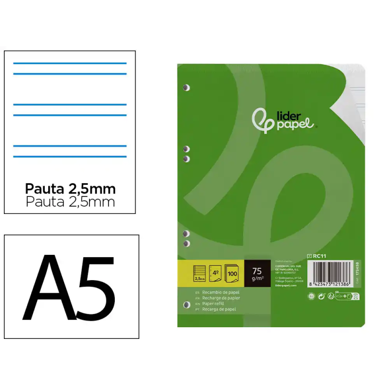 Recambio liderpapel a5 100 hojas 75gr pauta 5 2.5mm con margen 6 taladros