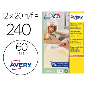 Etiqueta adhesiva avery blanca redonda removible para laser ink-jet fotocopiadora 60 mm caja de 240 unidades