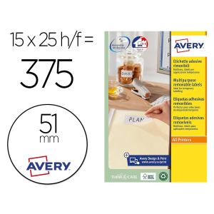 Etiqueta adhesiva avery blanca redonda removible para laser ink-jet fotocopiadora 51 mm caja de 375 unidades