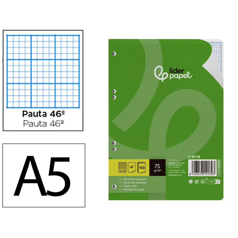 Recambio liderpapel din a5 100 hojas 75gr rayado nº 46 6 taladros