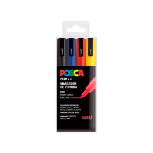 Rotulador uni posca pc-3m/4c marcador de pintura punta conica 0,9-1,3 mm estuche de 4 unidades colores basicos