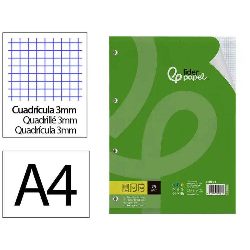 Recambio liderpapel din a4 100 hojas 75 gr cuadro 3 mm con margen 4 taladros