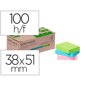 Bloc de notas adhesivas quita y pon q-connect 38x51 mm 100% papel reciclado colores pasteles en caja de carton